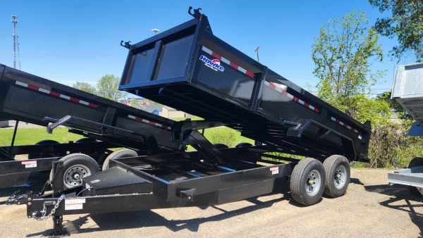 Hawke 7 by 16 dump trailer parked on the dealership lot